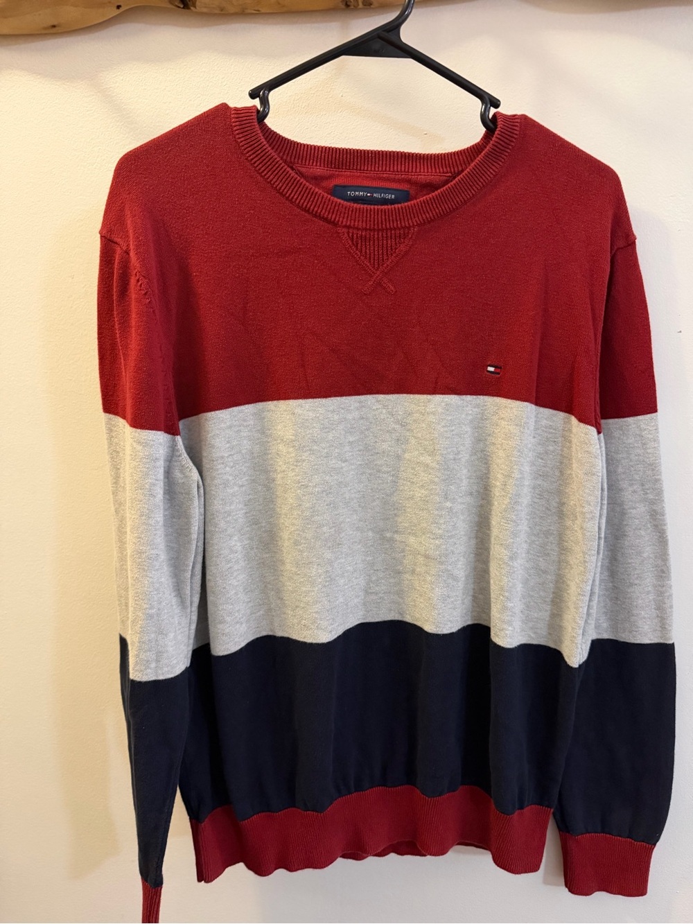 Tommy Hilfiger Red Gray Navy Colorblock Crewneck Sweater - Men's